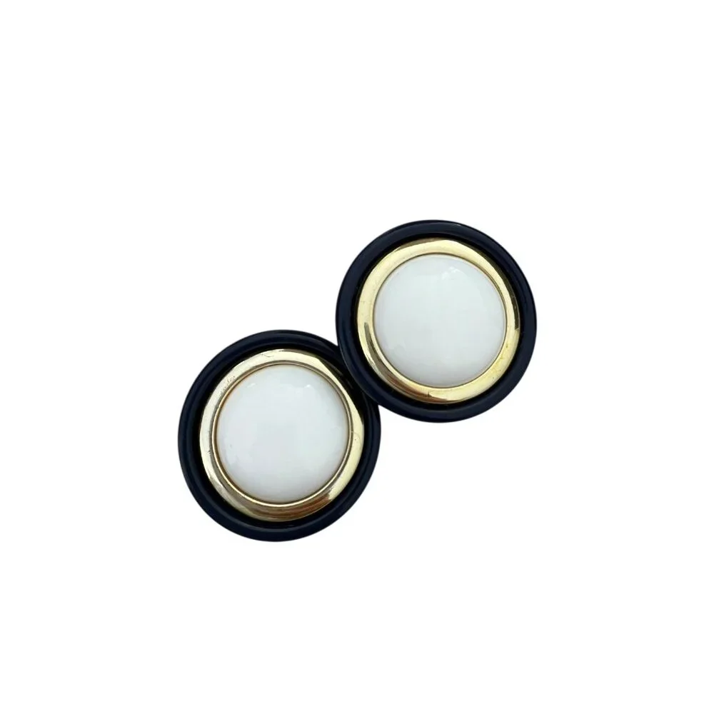 Vintage Large Size Round Blue, White, Gold Lucite Plastic Pierced Earrings 80s